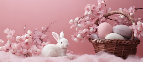 Naklejka na ściany i meble pink bunny and easter eggs in a basket