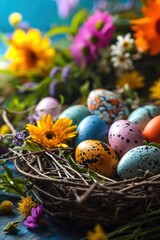 Fototapeta na wymiar Easter background with lively colors, decorated eggs