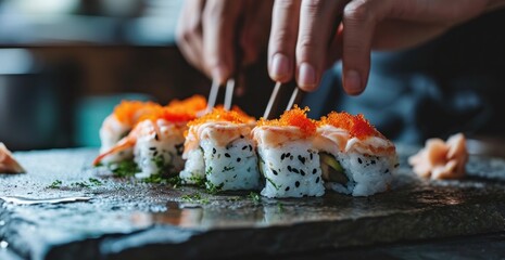 some sushi is being placed on a stone table