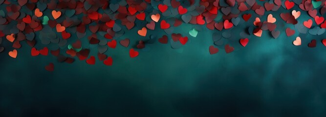 red heart paper confetti on green background