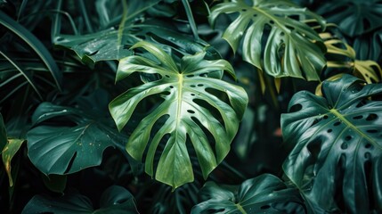 Fototapeta na wymiar Lush Philodendron Monstera Background: Green Foliage Closeup with Organic Texture