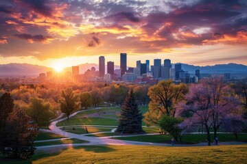 Denver City Park: Morning Glow over Mountains and Skyline - obrazy, fototapety, plakaty
