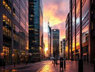 Sunset Over London's Financial Hub: Canary Wharf Skyline and Business District