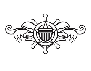 Mascot illustration of helm with star shield and waves viewed from front  on isolated white background done in black and white retro.
 style.