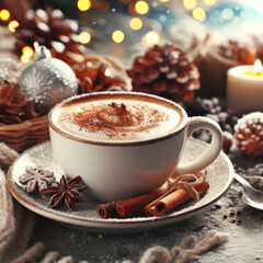 Obraz na płótnie Canvas A delicious cup of cappuccino on a saucer, ready to be enjoyed. Cozy winter background. ai generative