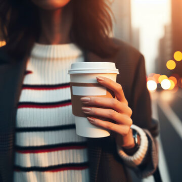 A person holding a cup of coffee close up with white tape mockup for text on a city street. ai generative