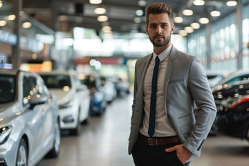 Car salesman posing at a car dealership - obrazy, fototapety, plakaty