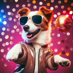a stylish dog wearing sunglasses and a jacket, dancing with joy on solid disco background. ai generative - obrazy, fototapety, plakaty