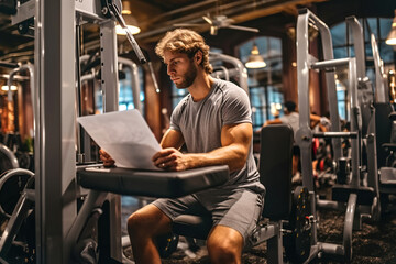 Fototapeta na wymiar A man is working on a piece of paper in a gym. Make gym fitness training program.