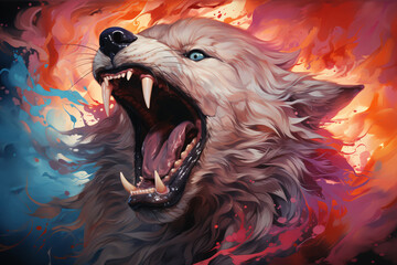 a werewolf, a growling wolf. open mouth and fangs. evil carnivore, a predator. colorful illustration.