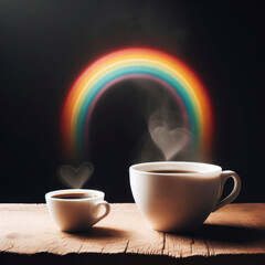 A white cup of coffee stands on a wooden table and a rainbow above it. ai generative