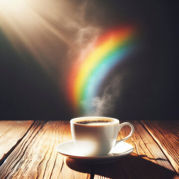 A white cup of coffee stands on a wooden table and a rainbow above it. ai generative