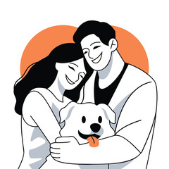 Happy couple hugging with dog Vector illustration in flat line cartoon style