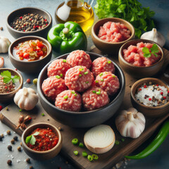 Beef and pork minced meatballs freshly prepared set against a bright backdrop. ai generative