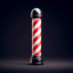 Photo of a classic barber pole white and red on solid black background. ai generative