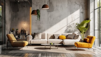 A modern interior design scene, stylish furnishings
