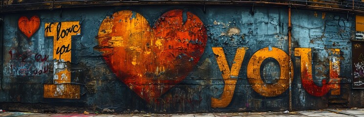 'I love you' graffiti with a big heart on a darkened wall in street art style. Scenic urban...