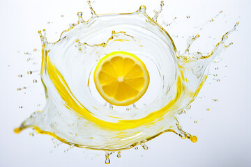 A slice of juicy lemon in a huge splash of water in zero gravity.
