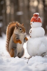 a squirrel in the snow next to a snowman