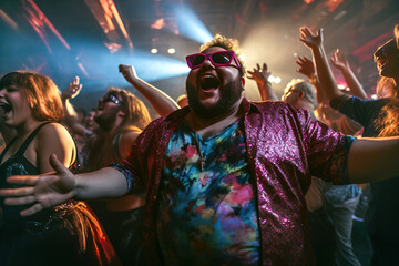 A group of fat overweight people are dancing together in disco club. Young plus-size man in front. - obrazy, fototapety, plakaty