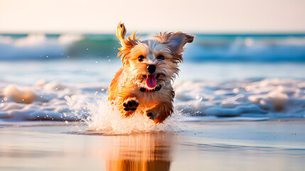 A puppy or pet running along the beach