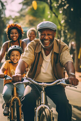 A group of family members riding bikes down a road in a park. Old man on bike on foreground. - obrazy, fototapety, plakaty