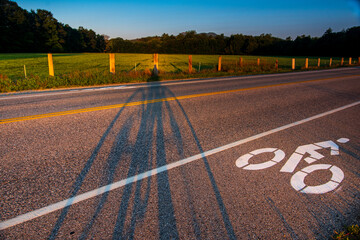 Shadow of bike in bike lane projected across asphalt roadway with double yellow lines. Shadow continues into green pasture with fence posts along road, blue sky in backround