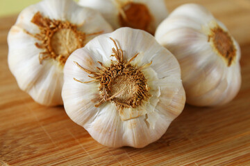 Closeup of garlic bulb. Brazilian spices on the wooden board.