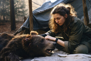 A woman wildlife biologists rehabilitators helps an injured brown bear.