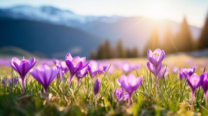 copy space, stockphoto, beautiful alpine meadow with wild purple narcisses during spring time, warm morning light. View on wild crocus flowers in the alps during sunrise. Early morning alpine langscap - obrazy, fototapety, plakaty