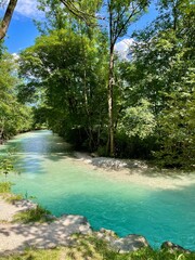 Naklejka premium Blue river at the foot of the mountains in a forest flooded with sunlight