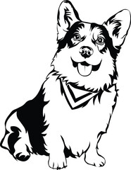 Cartoon Black and White Isolated Illustration Vector Of A Pet Corgi Puppy Dog Sitting Down Wearing a Bandana