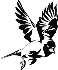 Cartoon Black and White Isolated Illustration Vector Of A Small Bird Flying with Wings Spread