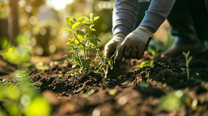 Person planting trees or working in community garden promoting local food production and habitat restoration, concept of Sustainability and Community Engagement