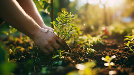 Person planting trees or working in community garden promoting local food production and habitat...