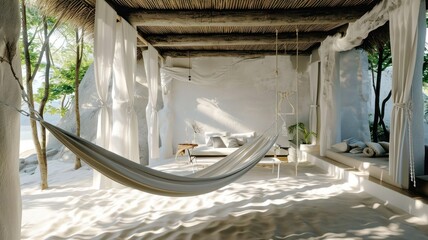 White Balinese Hammock Hanging in Beach Villa with Sand Floor - obrazy, fototapety, plakaty