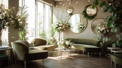 Minimalist Olive Green and Beige Wedding Planning Studio with White Flowers, Modern Mirrors, and Green Sofas