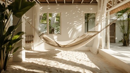 White Balinese Hammock Hanging in Beach Villa with Sand Floor - obrazy, fototapety, plakaty