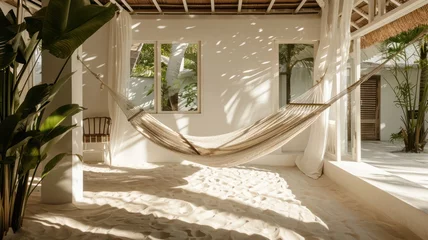 Fotobehang White Balinese Hammock Hanging in Beach Villa with Sand Floor © DVS