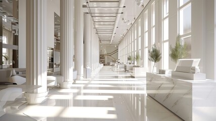 White Minimal Cosmetic Showroom with Elevated Greek Columns and Natural Light