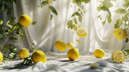 Elegant Floating Lemons with Dreamy White Curtain Background