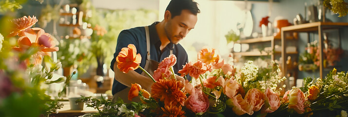 Image of a man working in a nice florist shop. - obrazy, fototapety, plakaty