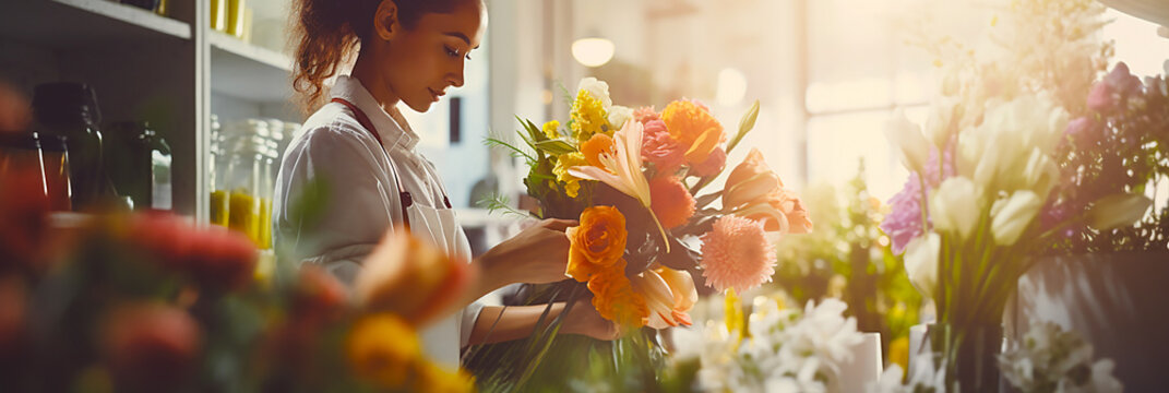 Image of a woman working in a nice florist shop.