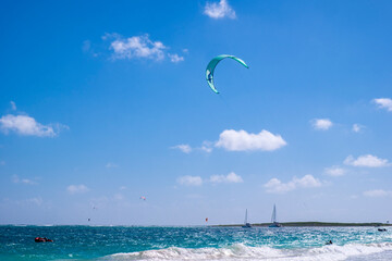 Kite Surfing and Kite Boarding on Orient Bay in St. Martin on a Beautiful Sunny Day