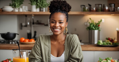 Beautiful afro american girl in the kitchen with different vegetables and fruits lifestyle - obrazy, fototapety, plakaty