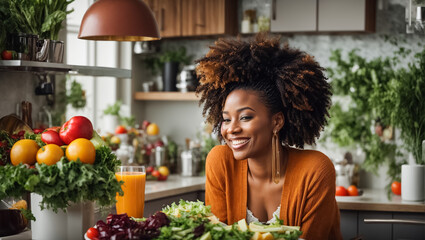 Beautiful afro american girl in the kitchen with different vegetables and fruits nutrition - obrazy, fototapety, plakaty