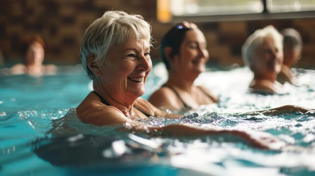 Active Senior Women Enjoying Aqua Fit Class in Pool
