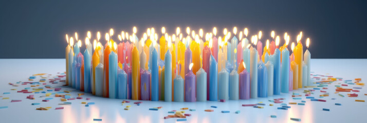 Celebration birthday cake with colorful sprinkles and twenty one colorful birthday candles. Banner