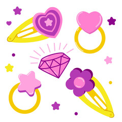 Kids jewelry set. Cute hairpins and rings. Flat vector illustration