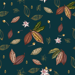 Cacao vector pattern with chocolate in vintage style on dark background